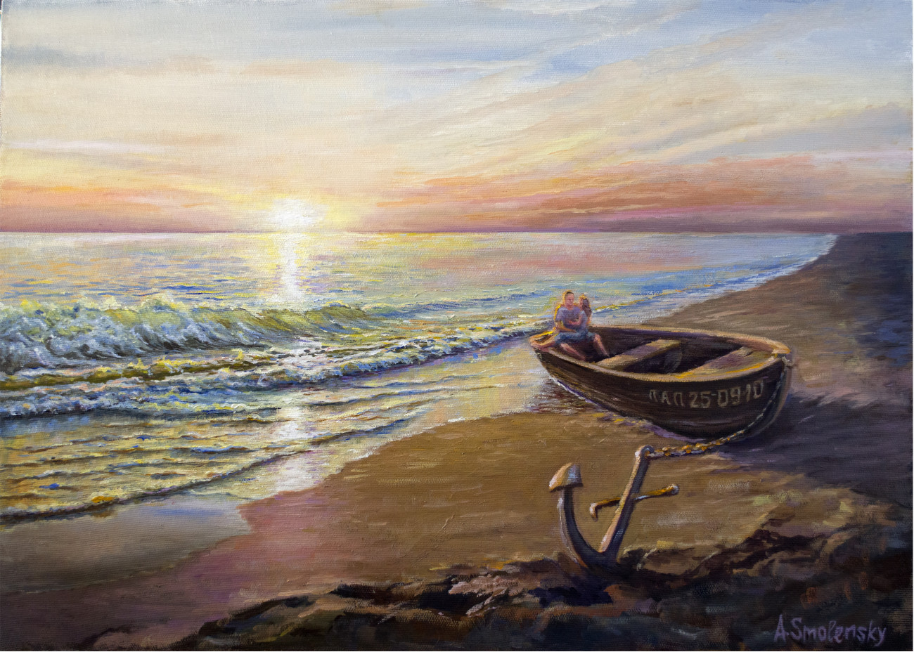 Two lovers at the boat. Двое в лодке. Картина маслом